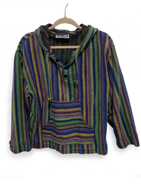 Vintage Tops - Vintage Bonjour Striped Hooded Pullover Sweatshirt Top - Green & Blue